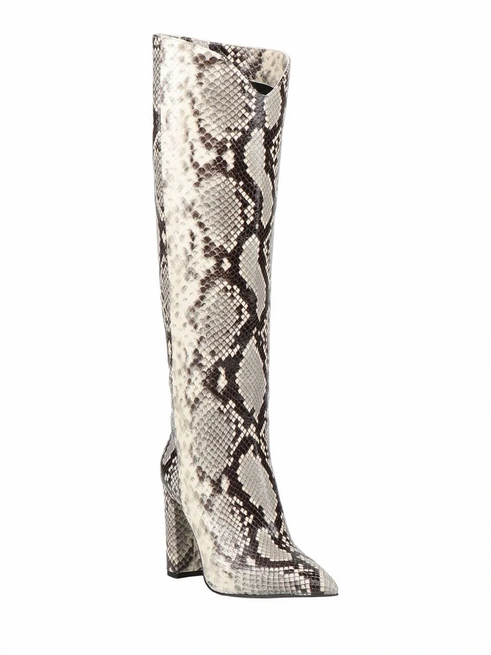 New Knee-High Snake Python-Print Block Heel Boots - White/Brown